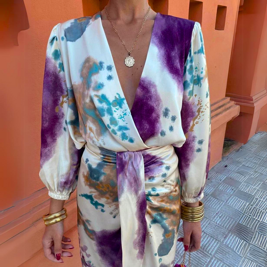 Vestido midi cruzado tie dye de mujer | manga larga