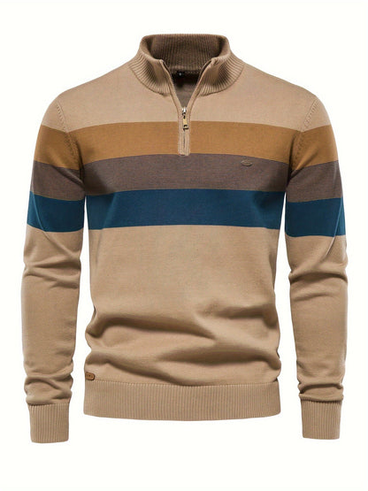 Herre Strik Sweater | Halv Lynlås med Striber
